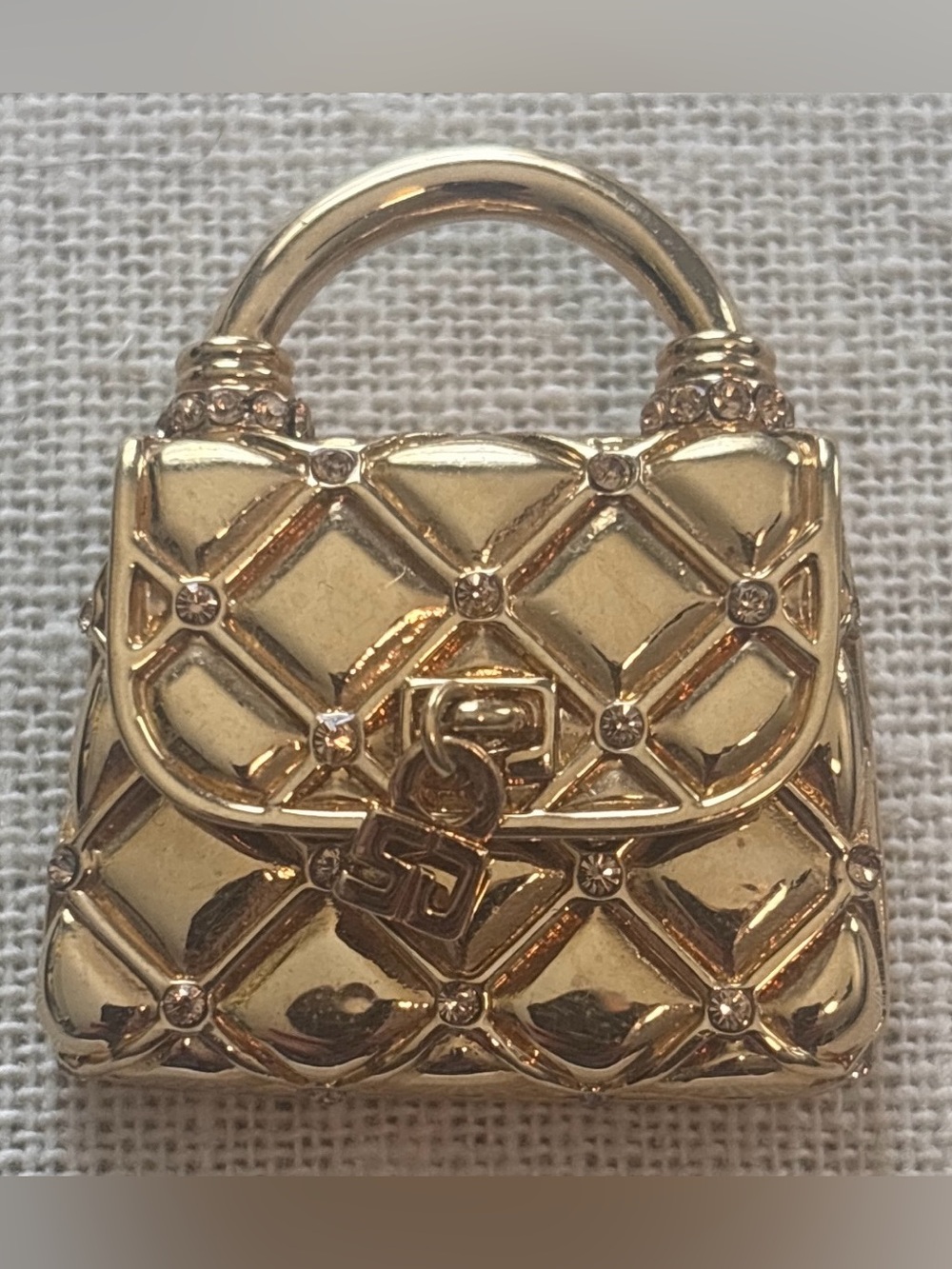 St. John Vintage Gold Tone Crystal Quilted Handbag Brooch Pin Opens Up